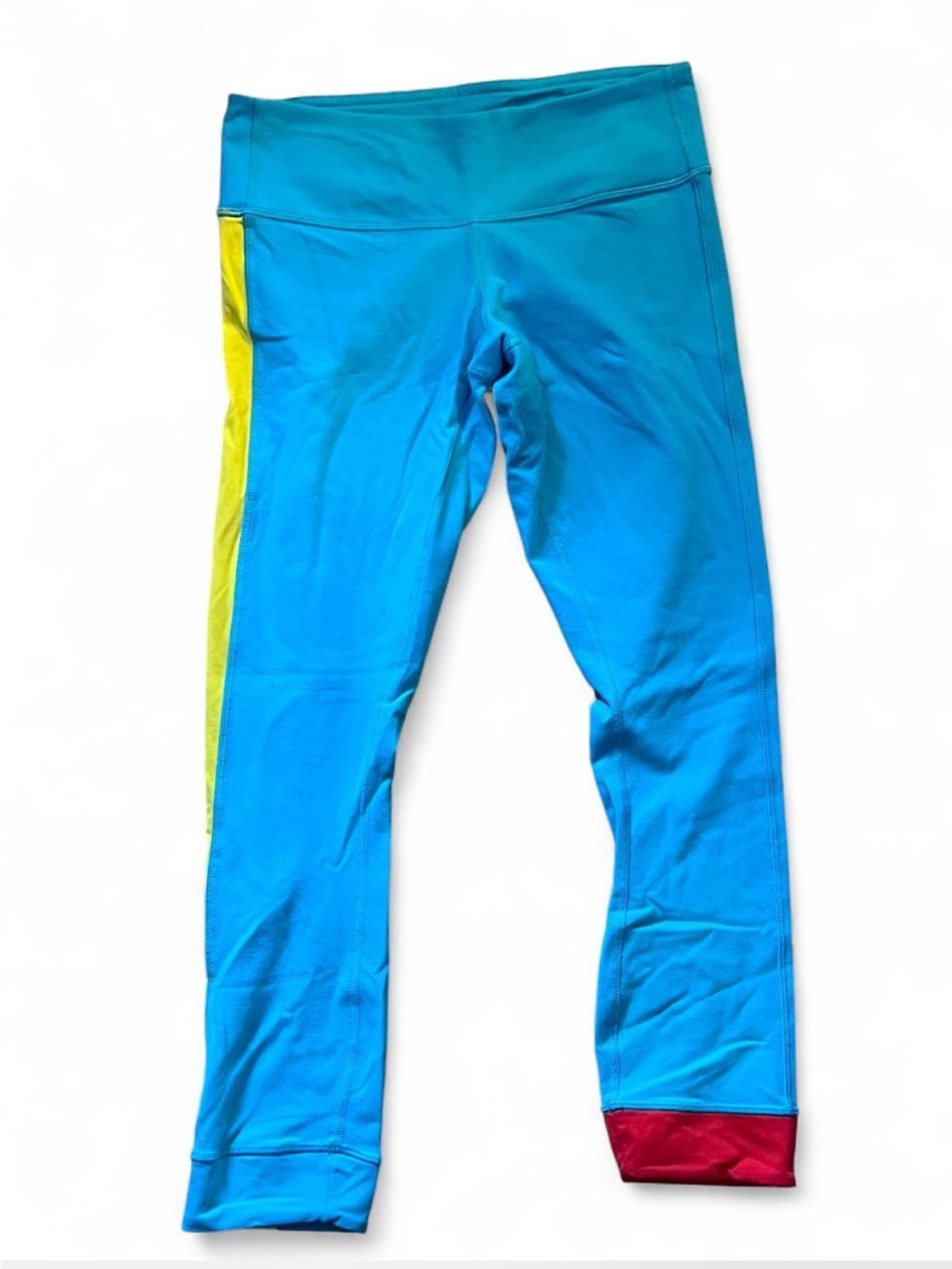 lululemon athletica Bright Blue Leggings with Yellow Side Stripe and Red Cuff